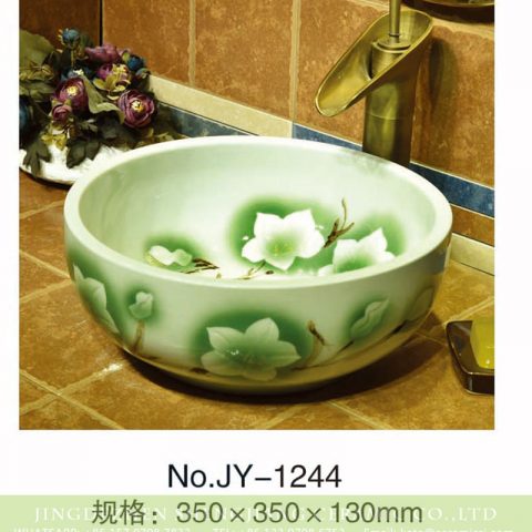 Shengjiang factory direct easy clean porcelain with hand painted beautiful green and white flowers pattern vanity basin    SJJY-1244-31