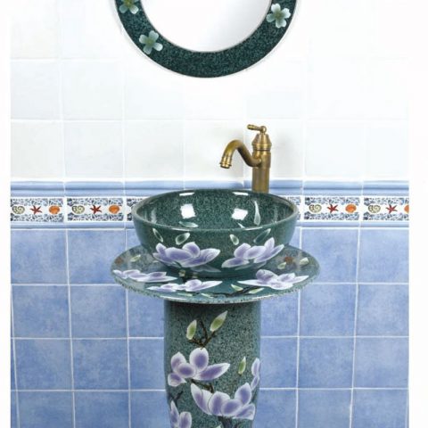 Shengjiang factory direct green imitation marble porcelain with flowers design pedestal basin      SJJY-1510-60