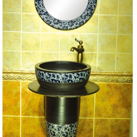 Hand carved matte black color with blue and white pattern column basin     SJJY-1535-64