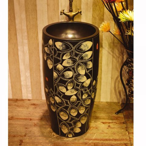 SJJY-1562-71   Japanese style black ceramic with hand painted unique pattern pedestal basin