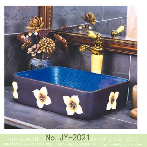 SJJY-2021-5  Large bulk sale deep blue inner wall and matte black surface with white flowers wash sink