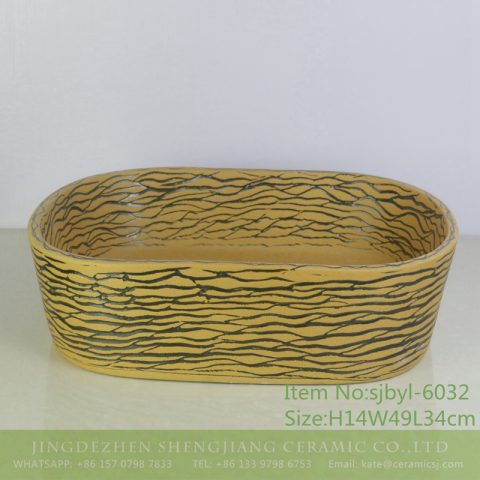 sjbyl-6032Woodcolor wavy pattern daily ceramic basin large oval porcelain basin wash basin