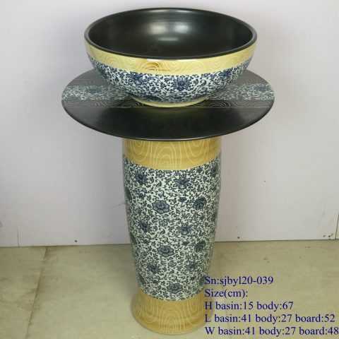 sjby120-039 Jingdezhen handmade antique wood blue and white black design washbasin