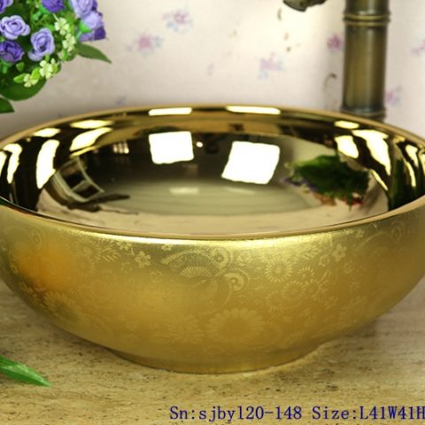 sjby120-148 Jingdezhen gold plated ceramic washbasin with butterfly pattern